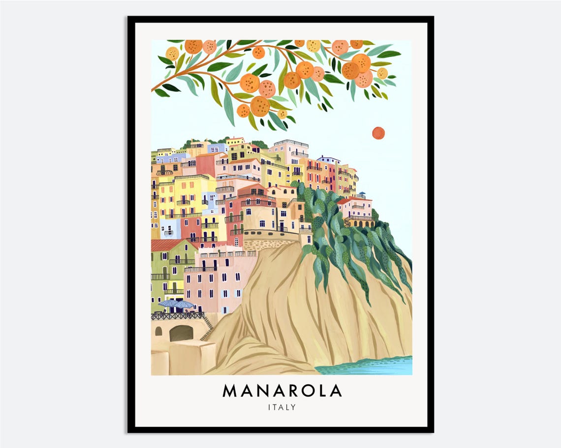 Manarola Cinque Terre Italy Colorful Coastal Ocean Town Villa Travel City Art Print Landscape Illustration Europe Poster Ta33