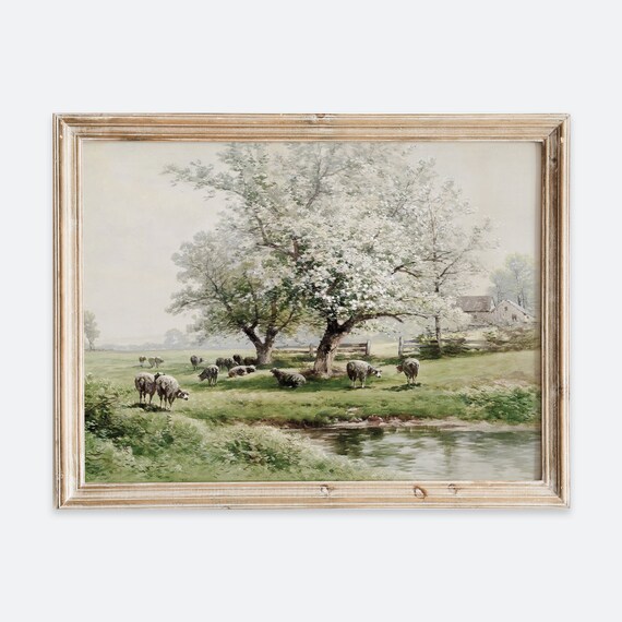 Sheep Grazing Under Flowering Trees Pastoral Spring Vintage Farm Poster