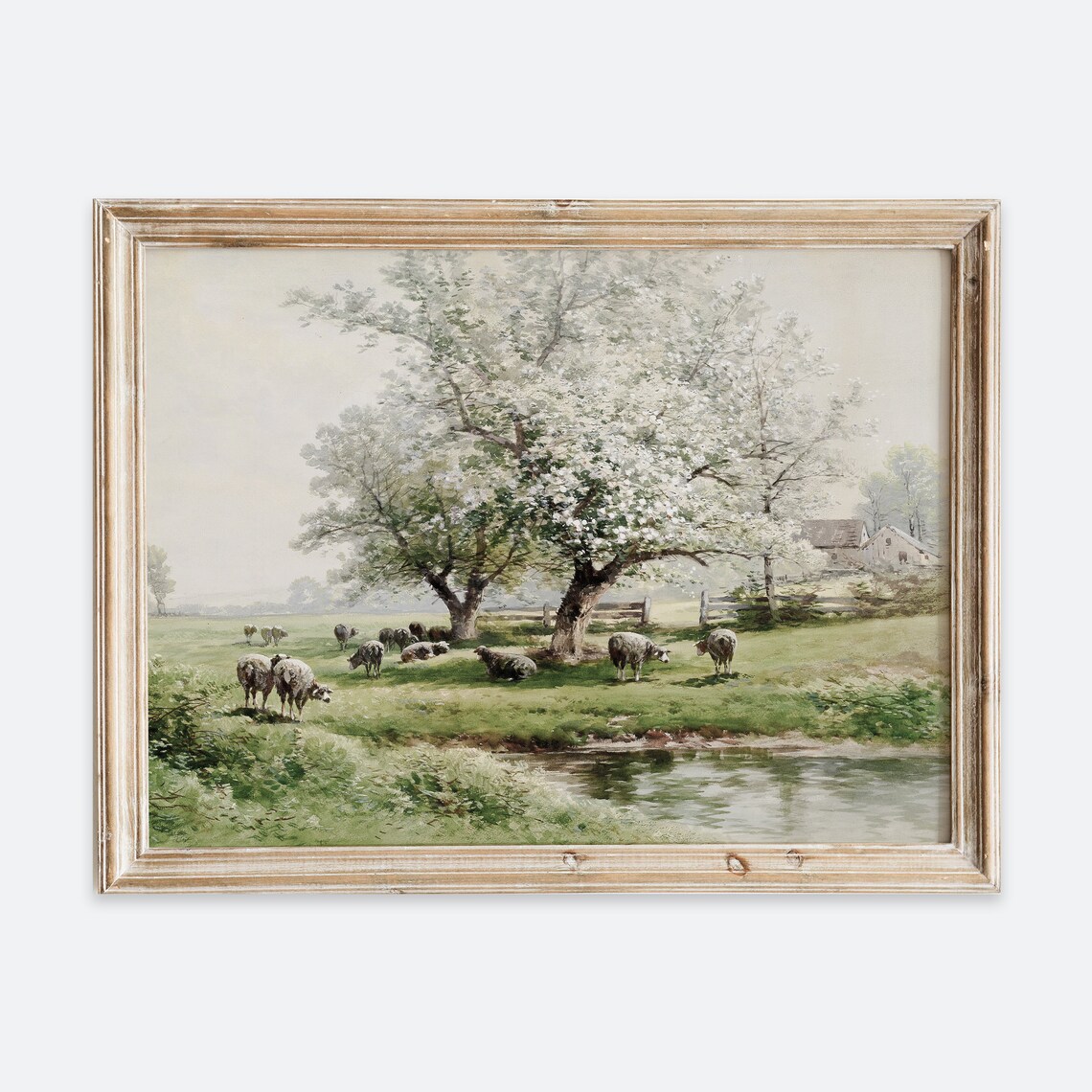 Sheep Grazing Under Flowering Trees Pastoral Spring Vintage Farm Poster