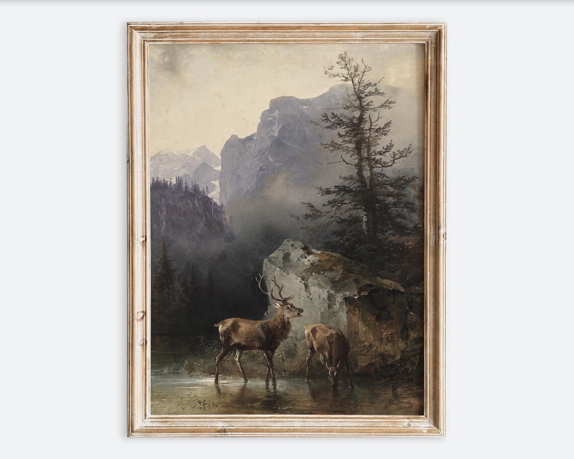 Vintage Deers In Mountains Nature Landscape Art Print