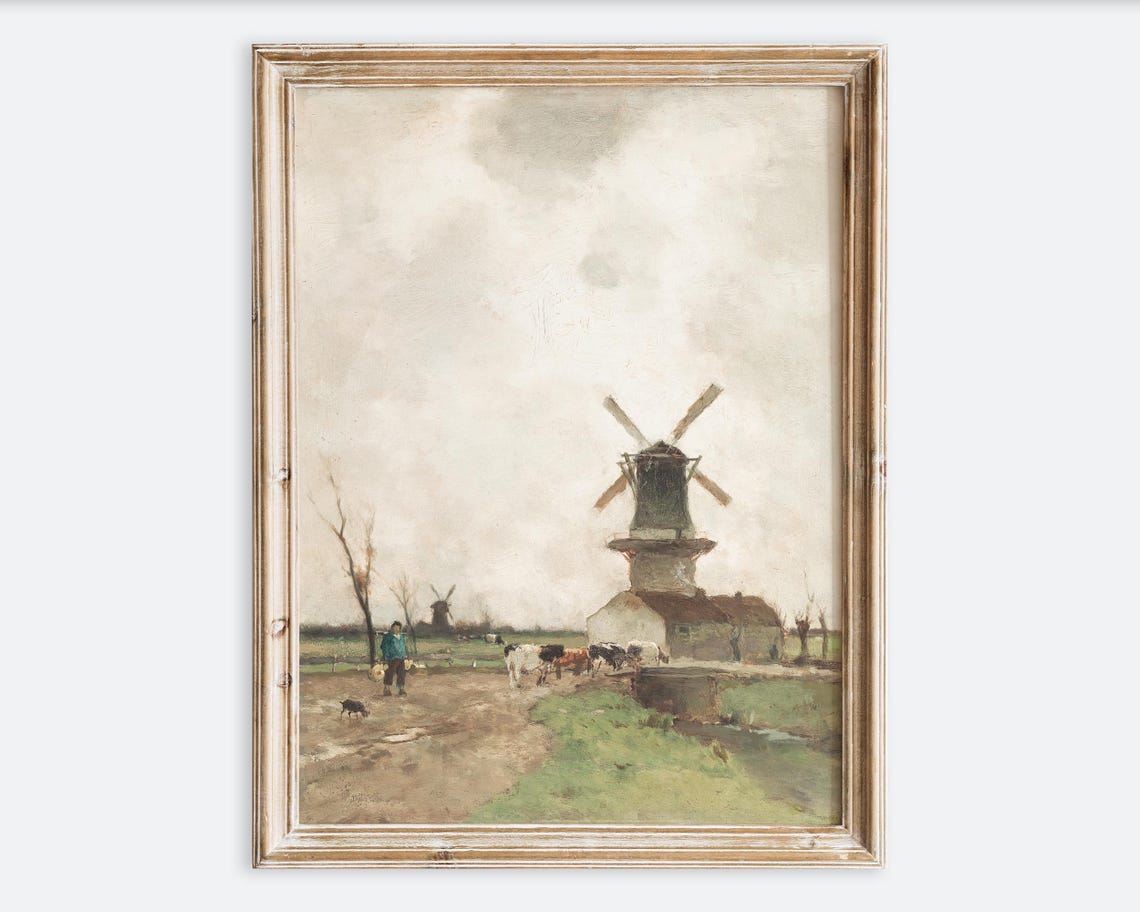 Dutch Windmill Cows Antique Netherlands Pastoral Vintage Farm Poster