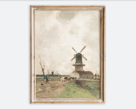 Vintage Dutch Windmill Animals Wall Art Print Rustic Antique Landscape Painting Moody European Farmhouse Poster Neutral Country Vp302