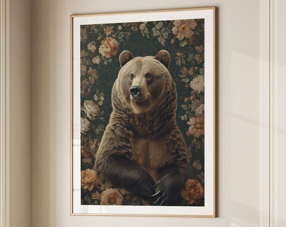 Brown Bear Seated Blush Floral Dark Botanical Vintage Poster