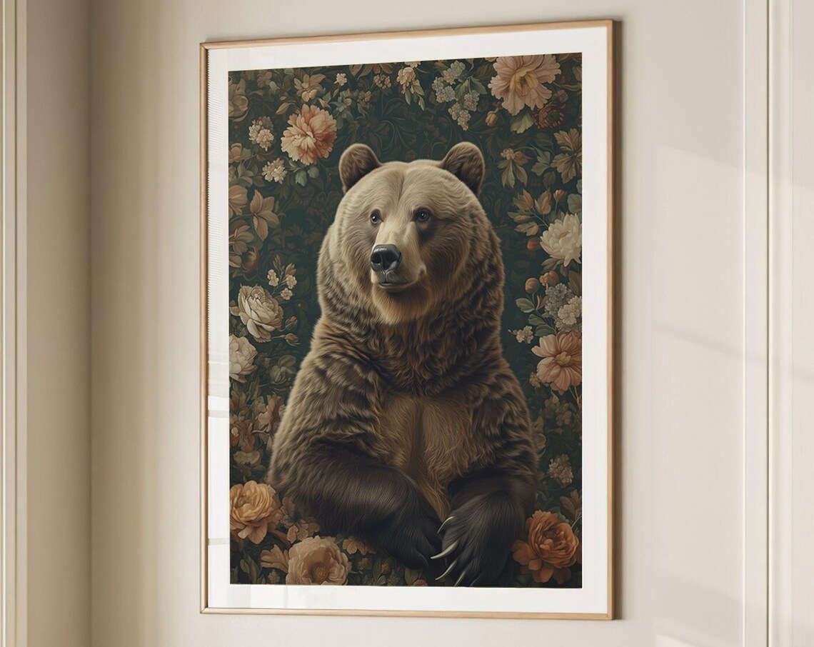 Brown Bear Seated Blush Floral Dark Botanical Vintage Poster