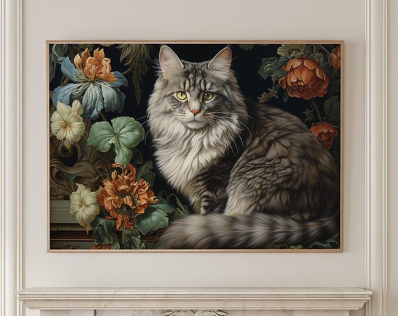 Long Haired Tabby Cat Floral Portrait Vintage Pet Art Poster