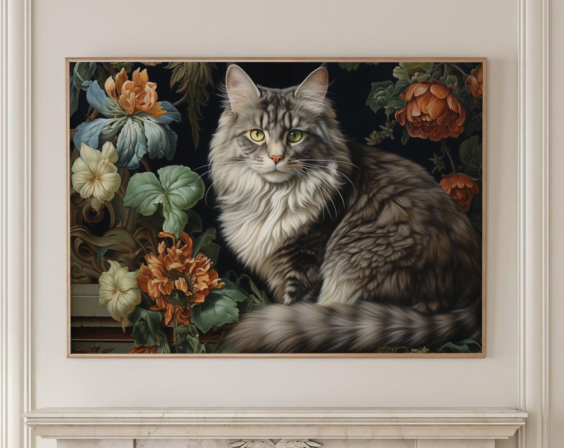 Long Haired Tabby Cat Floral Portrait Vintage Pet Art Poster