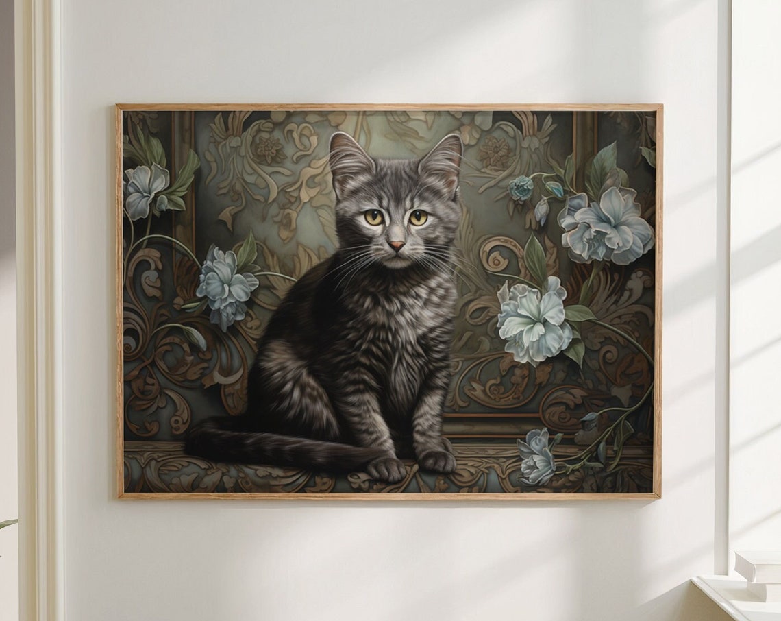 Gray Cat William Morris Style Floral Portrait Woodland Wall Art