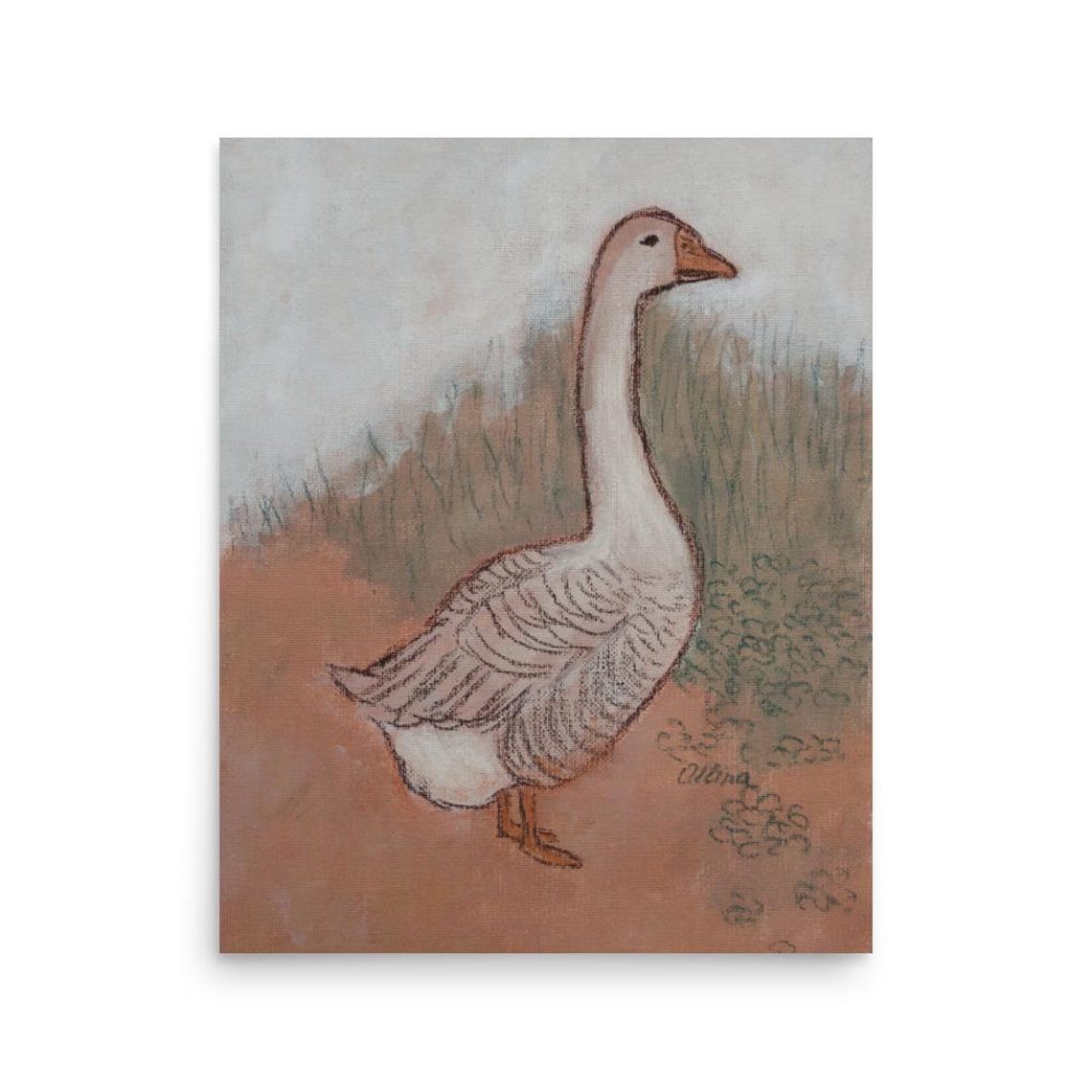 White Goose Standing Tall in a Rustic Meadow Painting Art Poster - Image 3