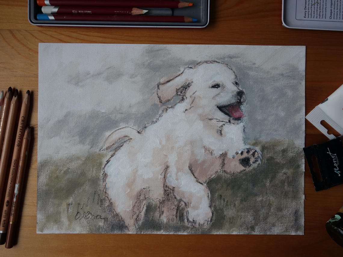 White Puppy Running Across Field Painting Poster Playful Pup Art - Image 2