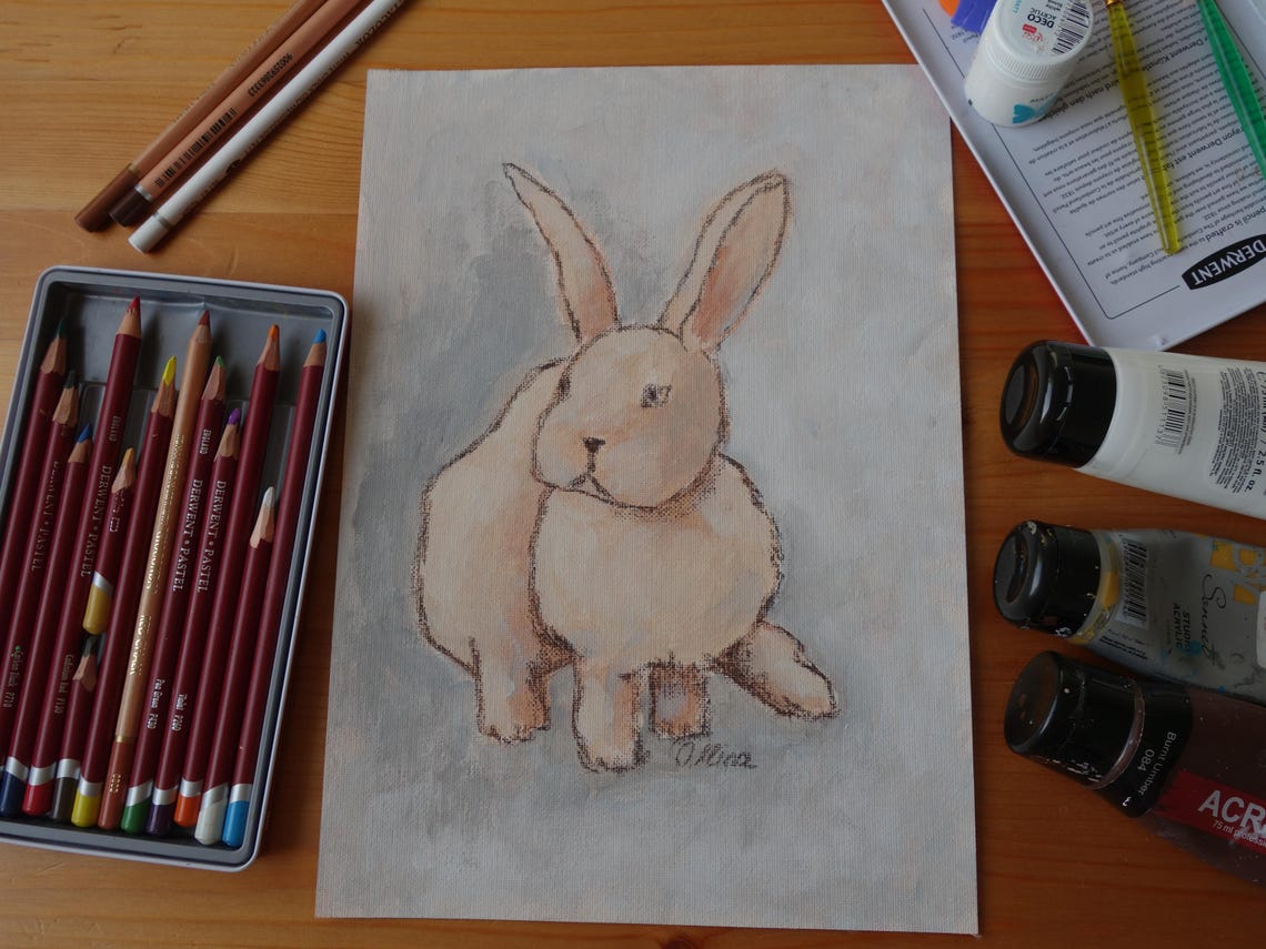 Sitting White Rabbit With Long Ears Whimsical Sketch Art Poster - Image 2
