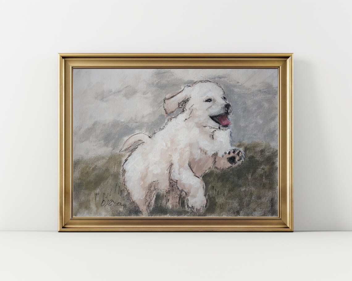 White Puppy Running Across Field Painting Poster Playful Pup Art