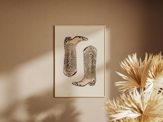 Leopard Pattern Cowboy Boots Minimal Line Drawing Western Decor Poster