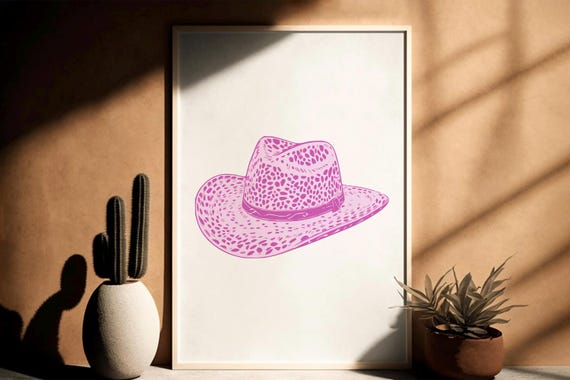 Pink Cowgirl Hat Cheetah Print Western Preppy Decor Rodeo Wall Art