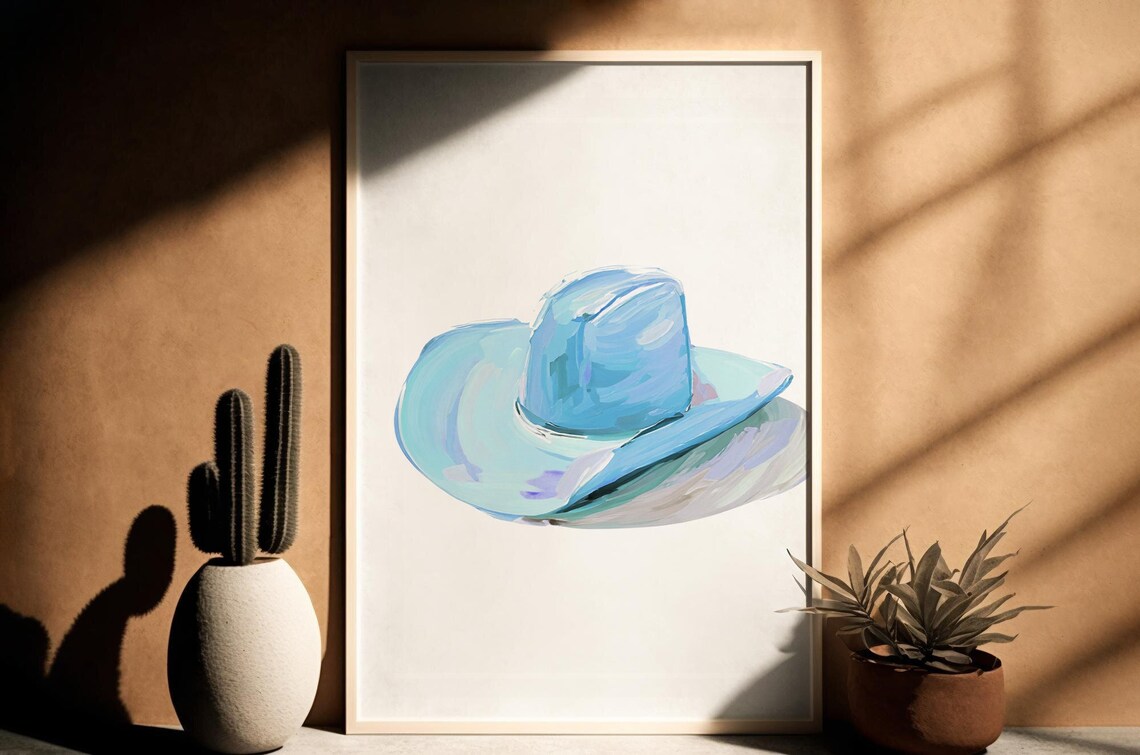Light Blue Cowgirl Hat Oil Painting, Western Wall Art