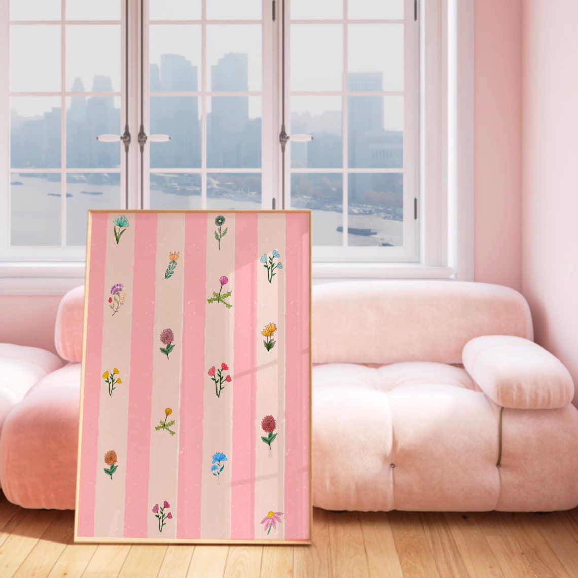 Pink Striped Wildflower Pattern Vintage Wallpaper Floral Poster