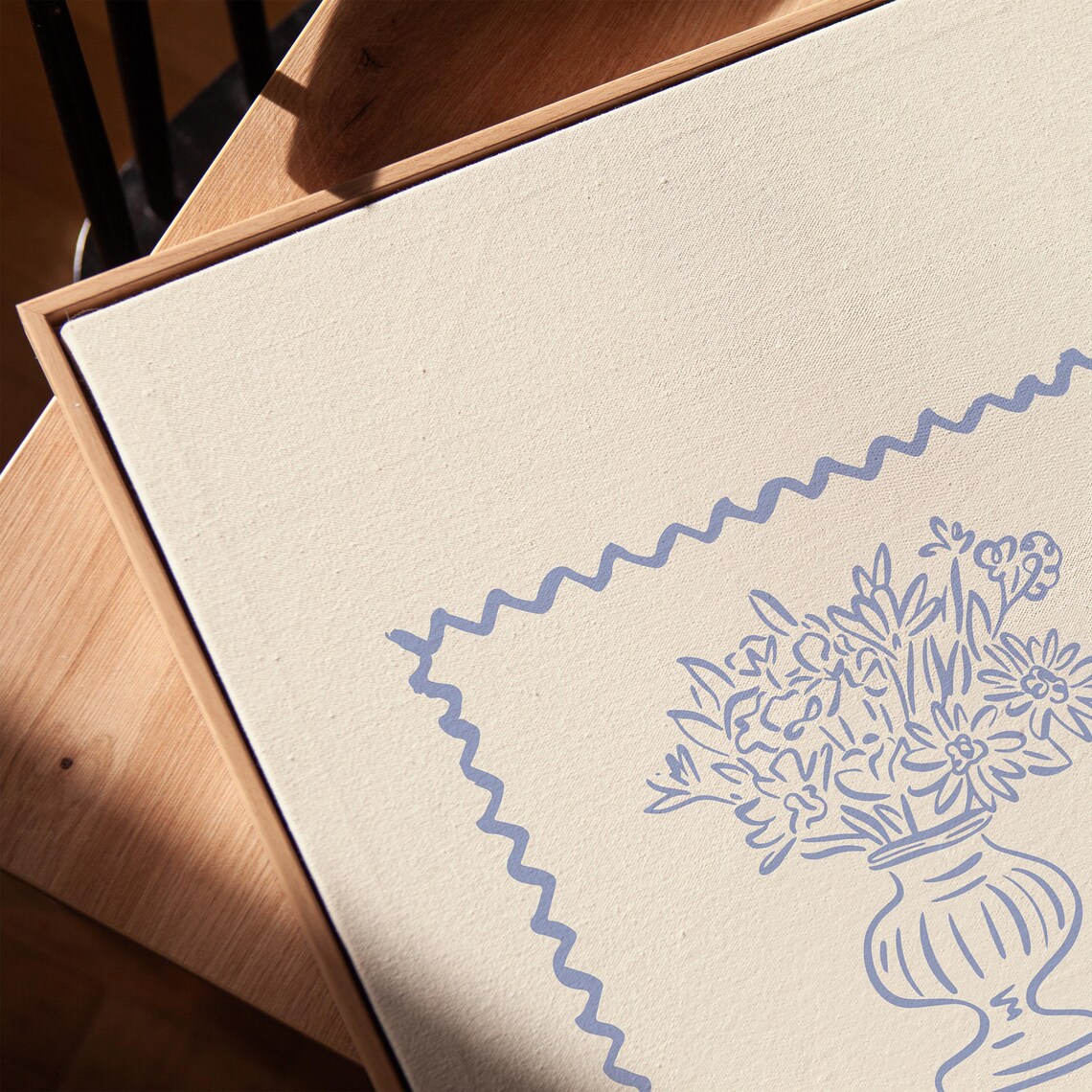 Blue Floral Urn Stamp Border Line Art Cream Print Vintage Poster - Image 3