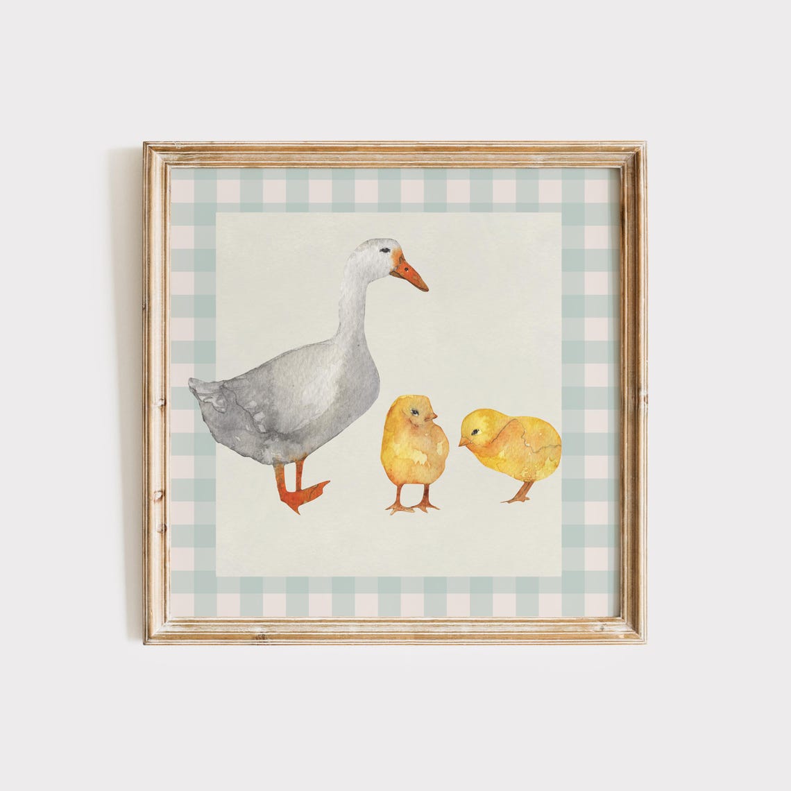 Goose and Two Chicks Watercolor Blue Gingham Nursery Wall Poster