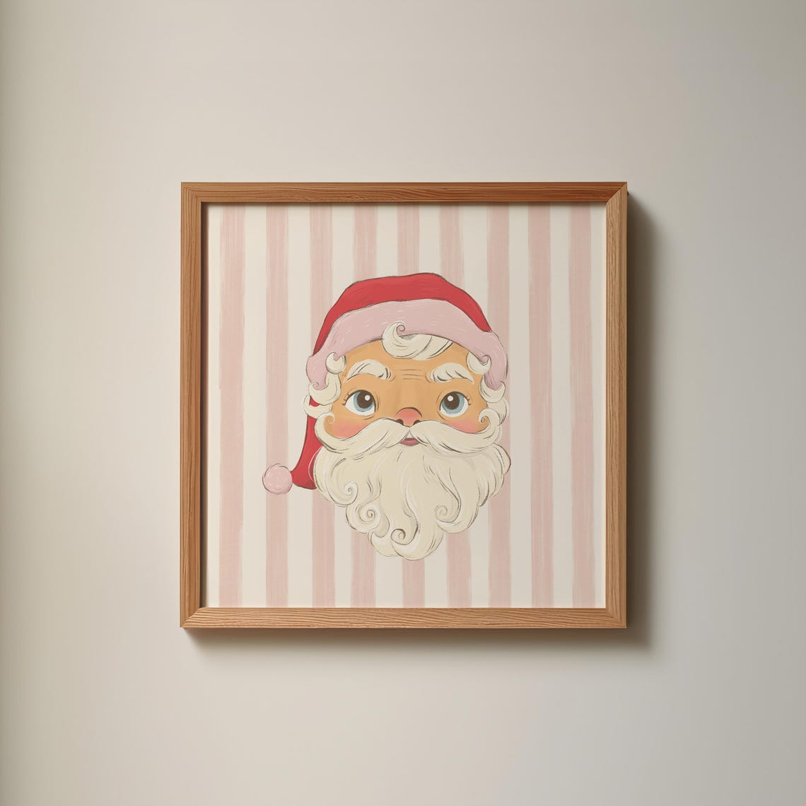 Whimsical Santa Claus Face Pink Striped Square Christmas Poster