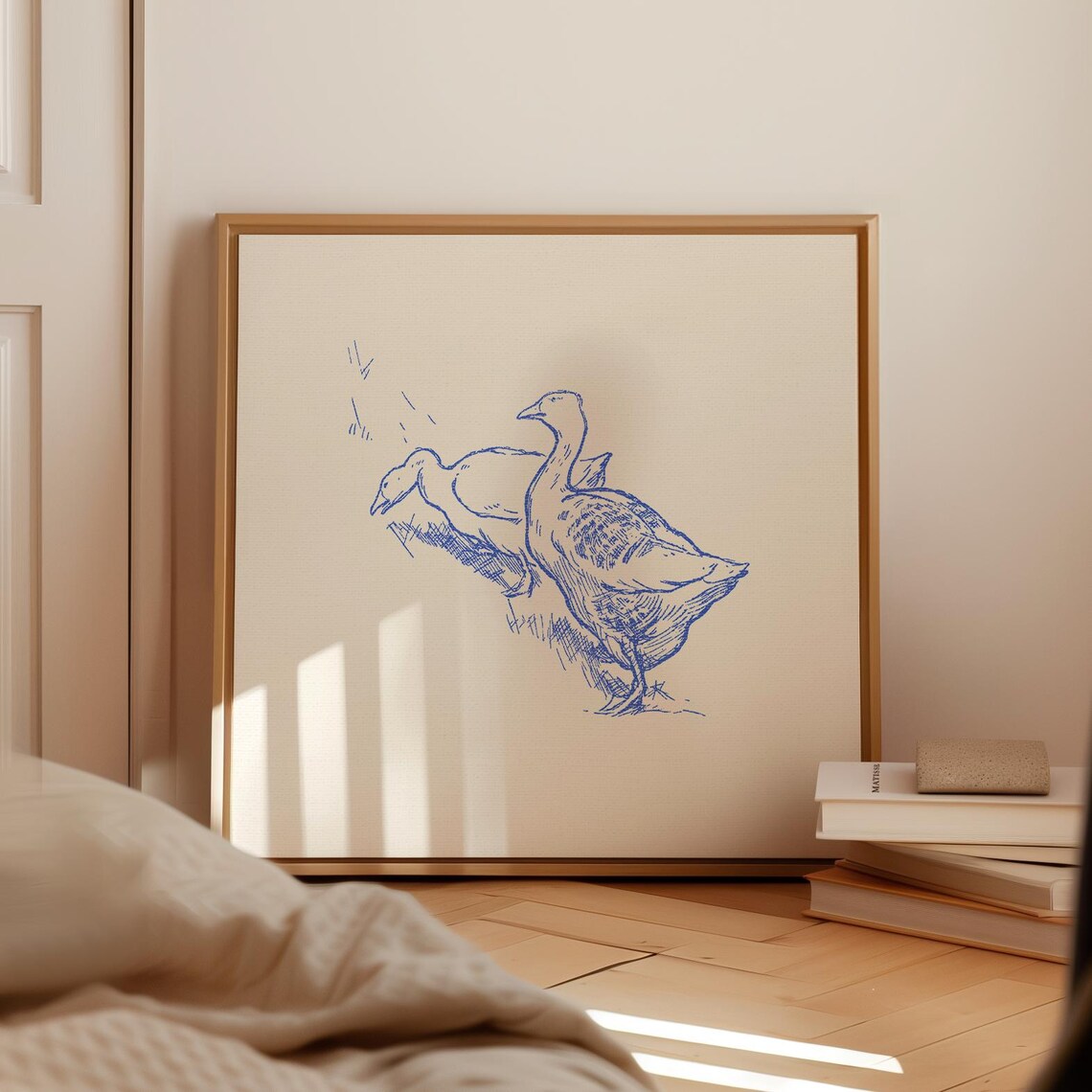 Farm Ducks Line Sketch Blue Ink Cream Minimalist Square Wall Art