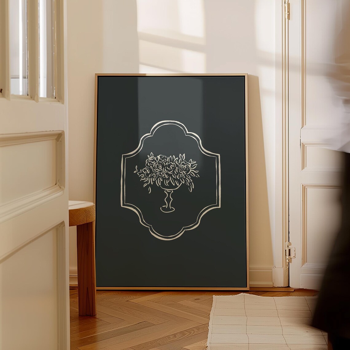 Cream Floral Urn Crest Line Art Charcoal Black Moody Botanical Poster - Image 5