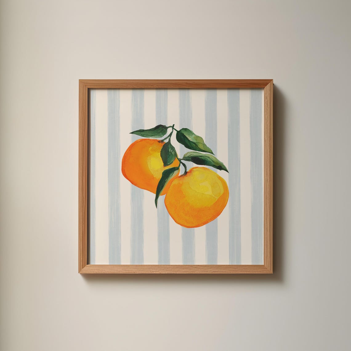 Watercolor Oranges on Branch with Blue Striped Background Poster