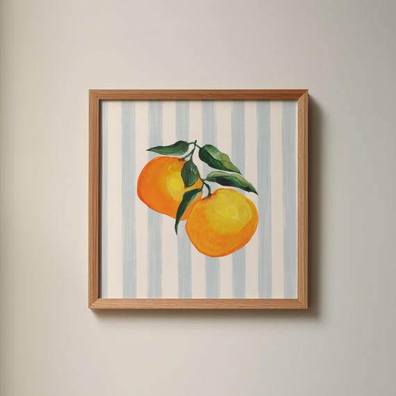 Blue Striped Citrus Fruit Print Wall Art Trendy Decor Floral Illustration Living Room Art Print Square Print Kitchen Decor