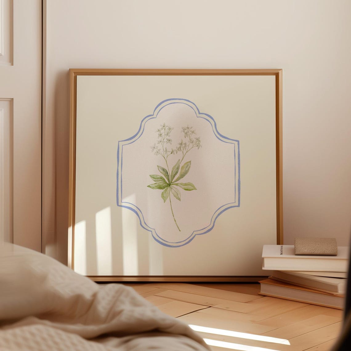 White Wildflower Watercolor Blue Plaque Square Floral Decor Poster - Image 2