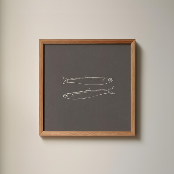 Sardine Pair Chalk Sketch Dark Nautical Square Fish Decor Poster