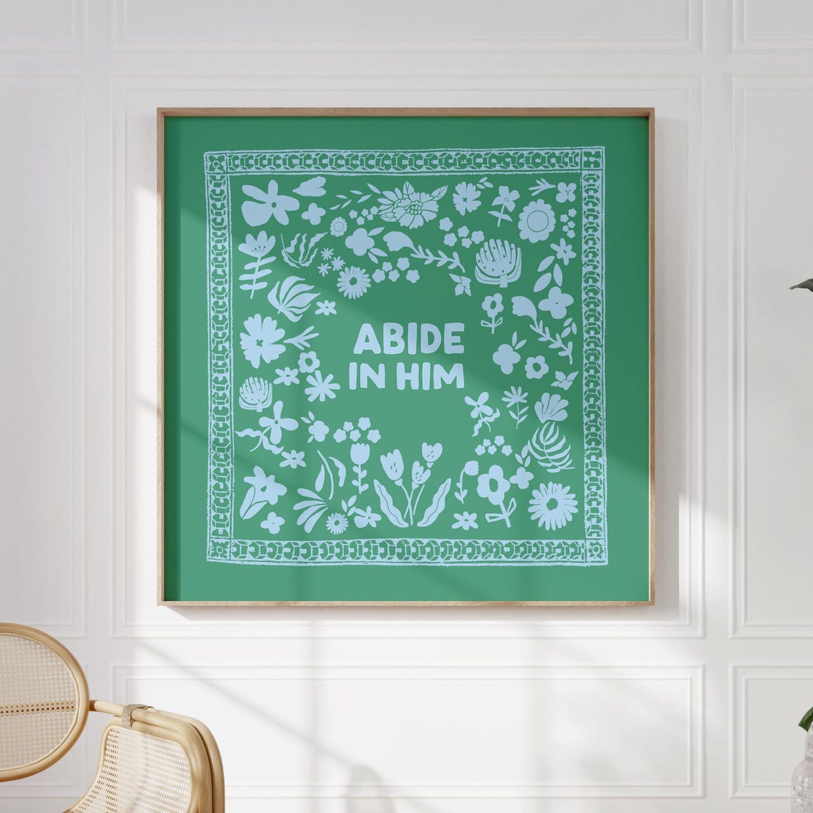 Abide In Him Green and Cream Floral Scripture Wall Decor Poster - Image 2