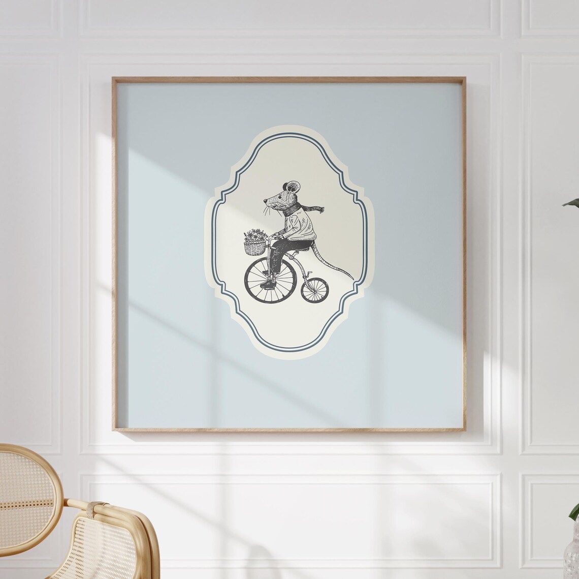 Vintage Mouse On Bicycle Flower Basket Baby Blue Ornate Square Poster - Image 4