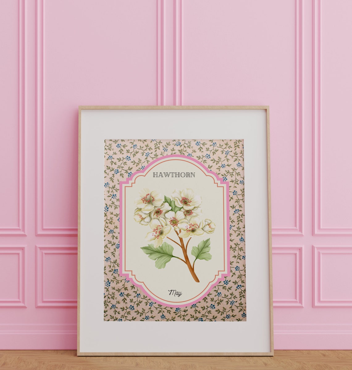 May Hawthorn Birth Flower Vintage Botanical Illustration Poster