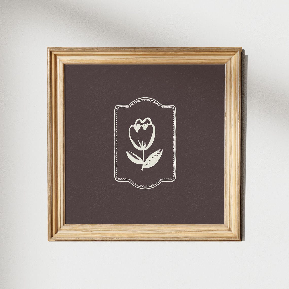 Minimal White Tulip Line Art Poster on Rich Dark Brown Background