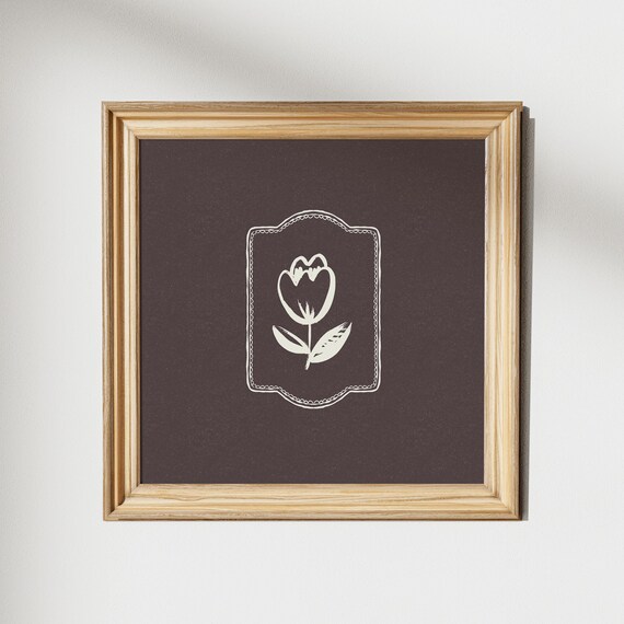 Minimal White Tulip Line Art Poster on Rich Dark Brown Background