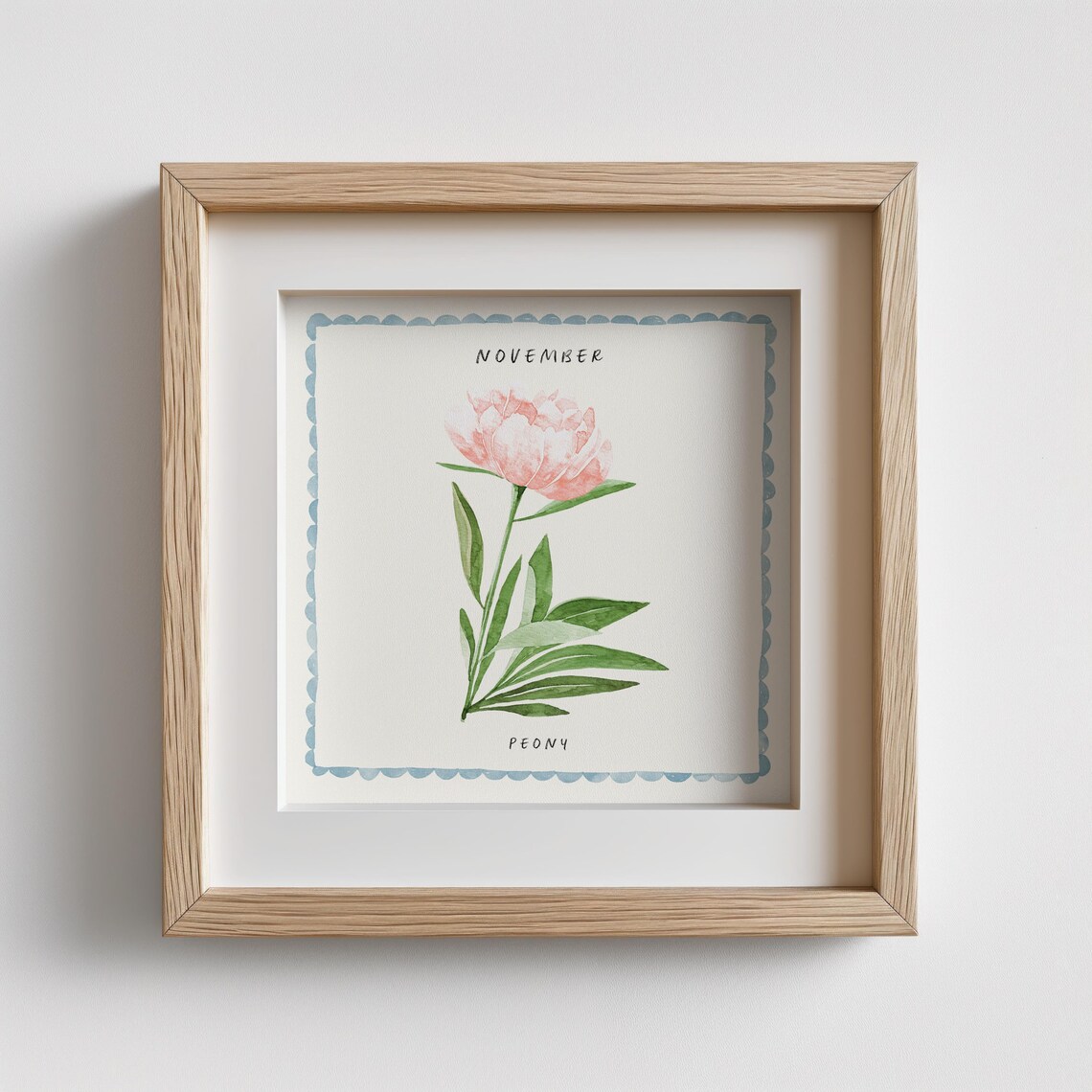 November Peony Watercolor Birth Month Flower Blue Border Art Poster - Image 2