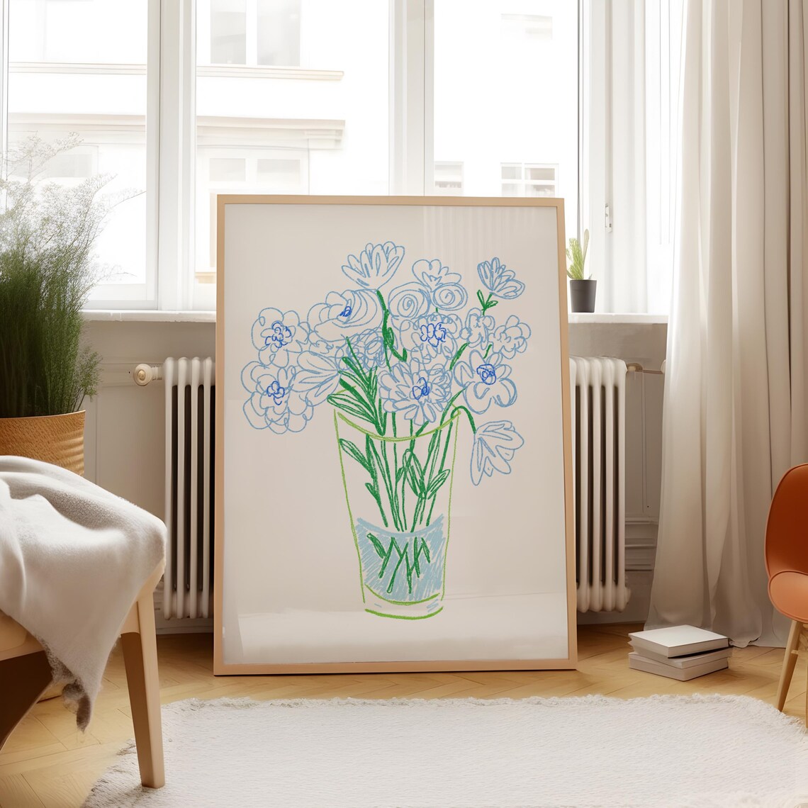 Blue Doodle Bouquet Art Print, Vintage Floral