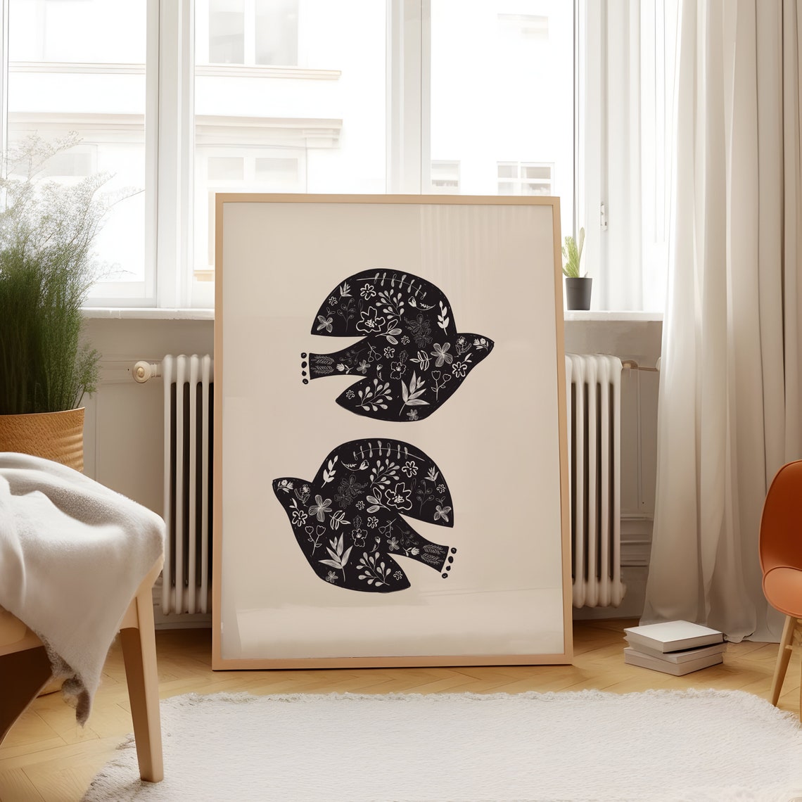 Striking Black Floral Bird Pair Botanical Abstract Vintage Wall Art