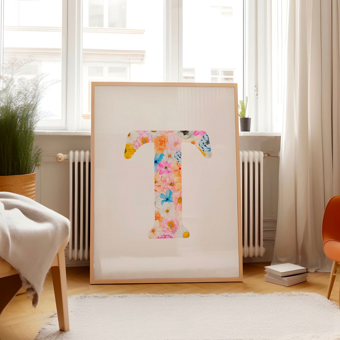 Watercolor Floral Letter T Monogram Initial Alphabet Wall Poster - Image 2