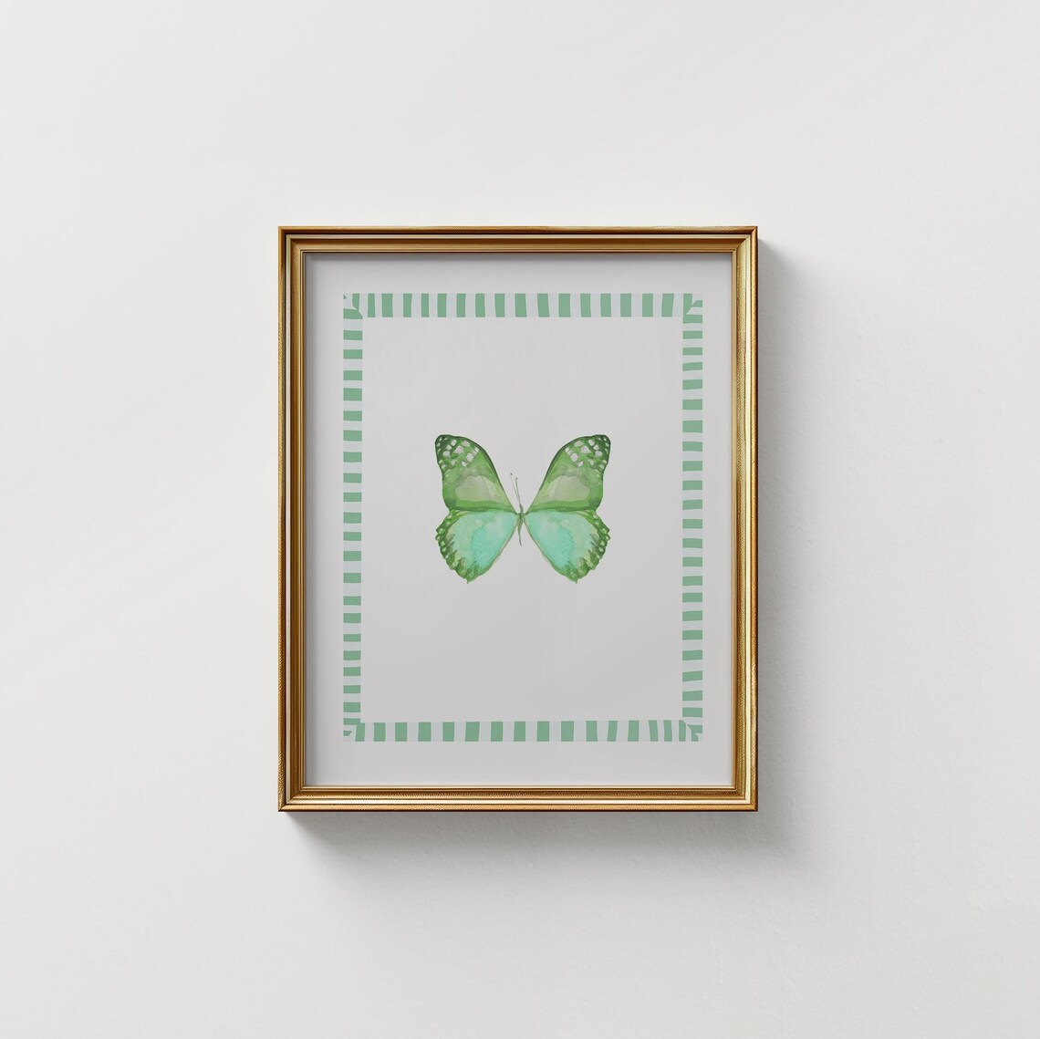 Green Butterfly Watercolor with Striped Border Nursery Print - Image 2