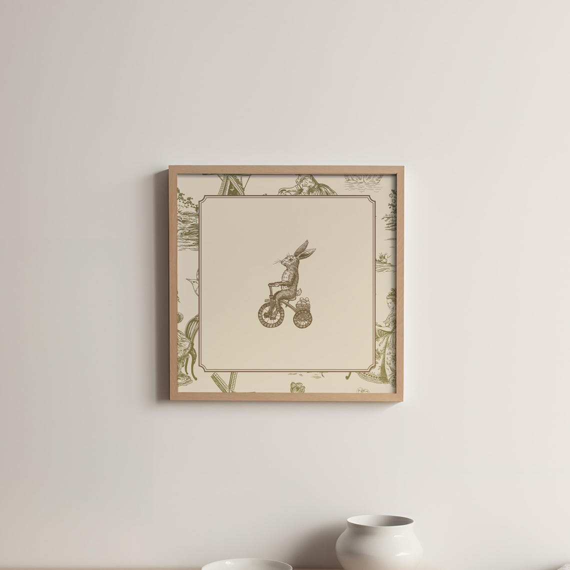 Green Toile Border Bunny Riding Bicycle Whimsical Nursery Poster - Image 5