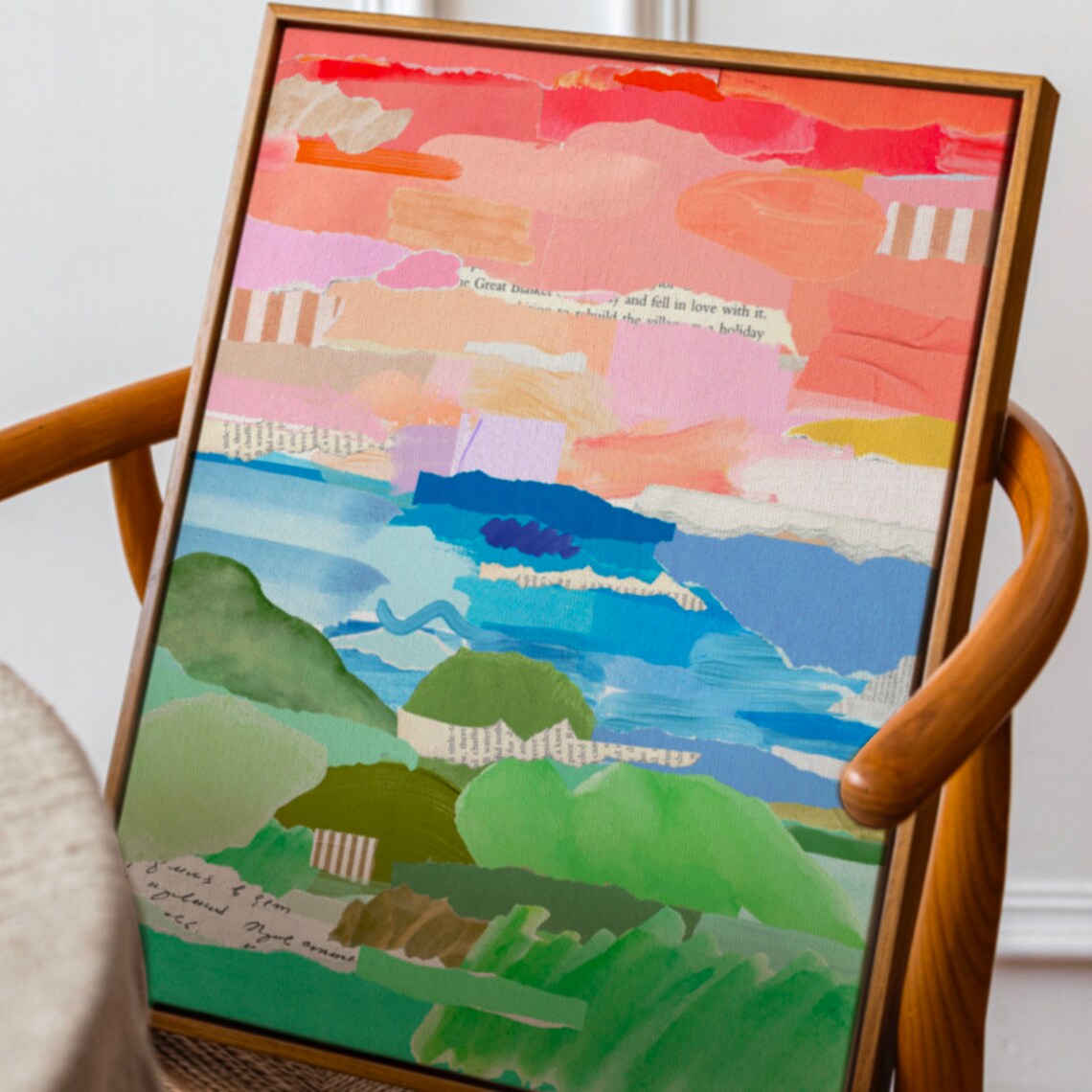 Abstract Torn Paper Collage Sunset in Pink Orange and Green Art Print - Image 3