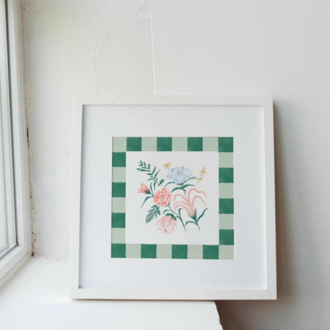 Green Gingham Check Border Floral Bouquet Sketch Square Art Print