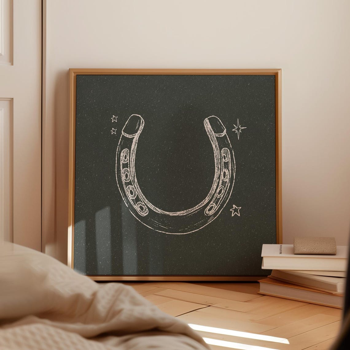 Lucky Horseshoe Chalk Sketch Starry Black Rustic Square Wall Art