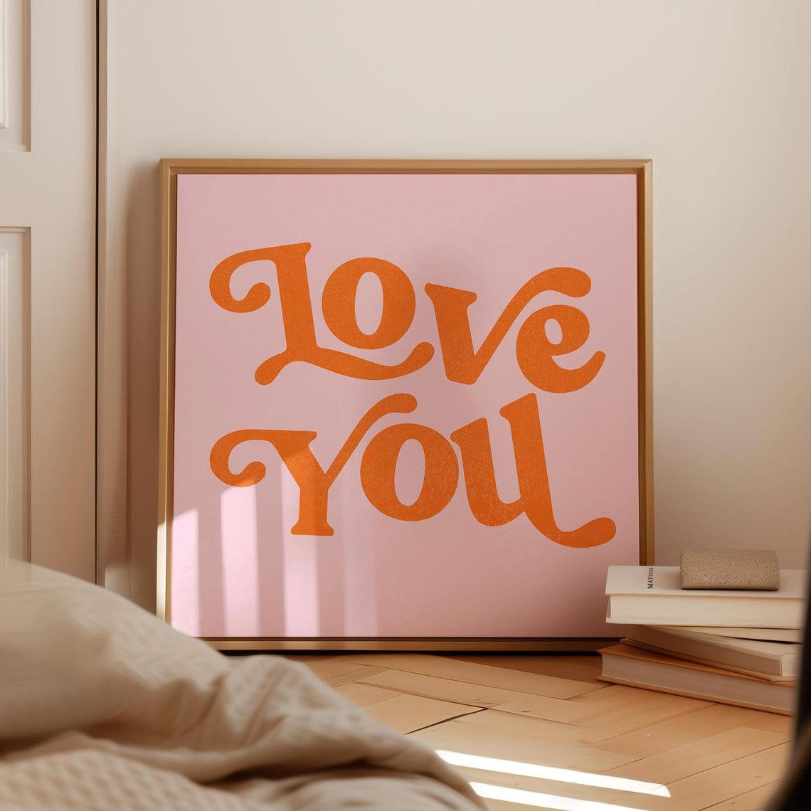 Bold Orange Love You Retro Script on Blush Pink Bedroom Poster
