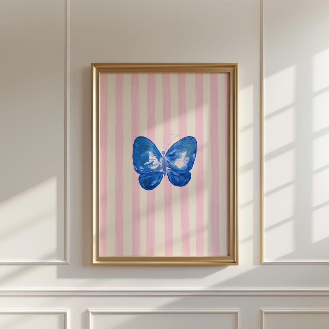 Blue Butterfly Watercolor on Pink Striped Background Decor Poster - Image 2