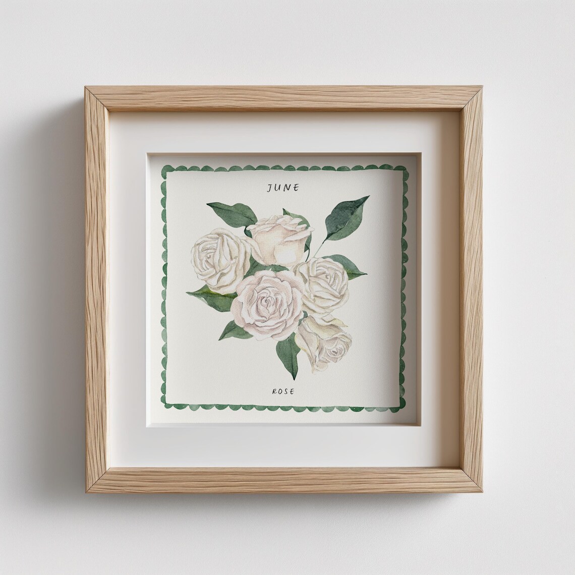 June White Rose Watercolor Birth Month Flower Green Border Art Poster - Image 2