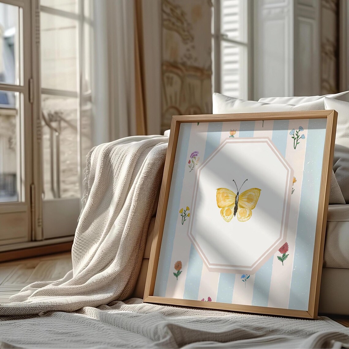 Sunny Yellow Butterfly Watercolor on Blue Striped Floral Poster