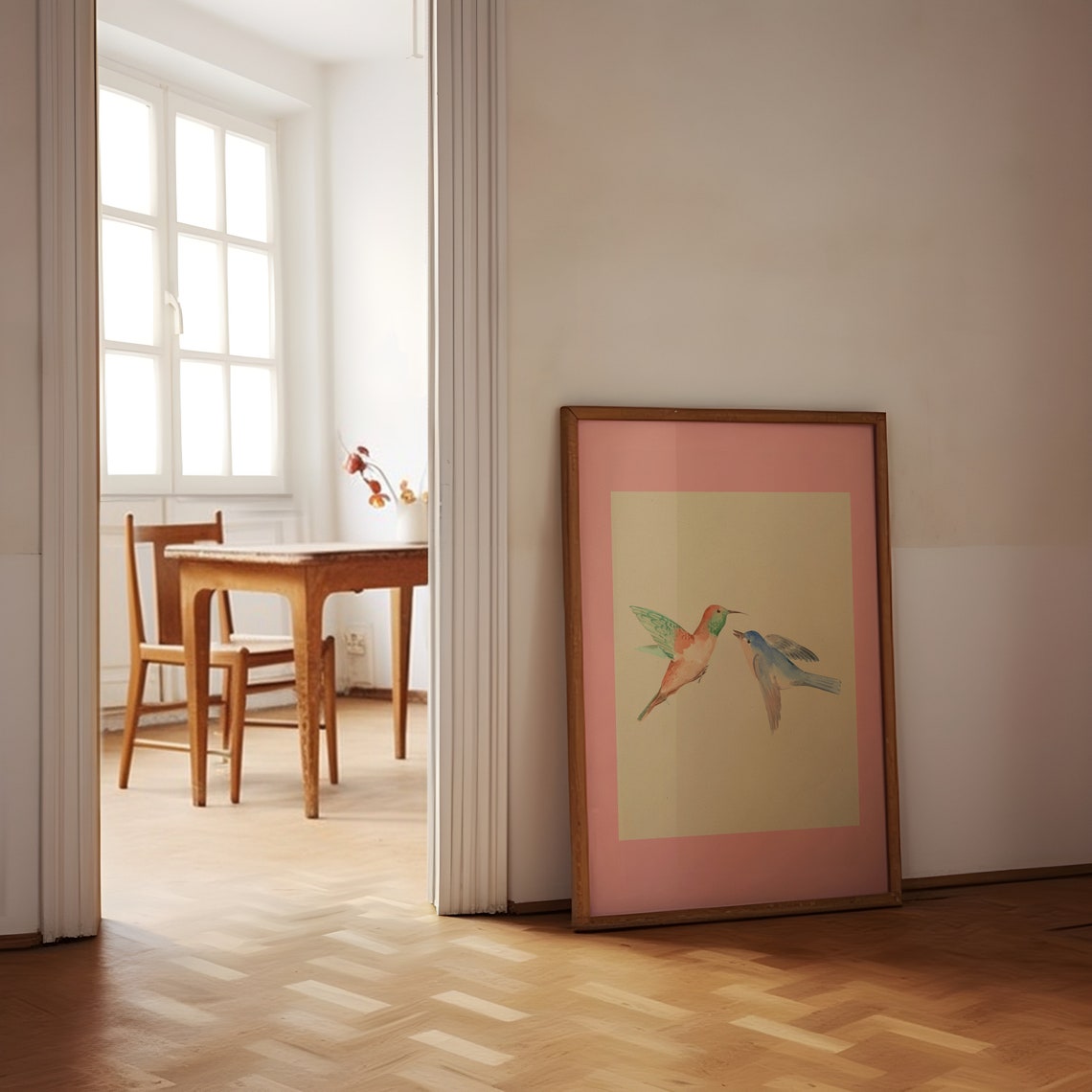 Two Birds Coral Hummingbird Blue Songbird Pink Framed Art Print - Image 2