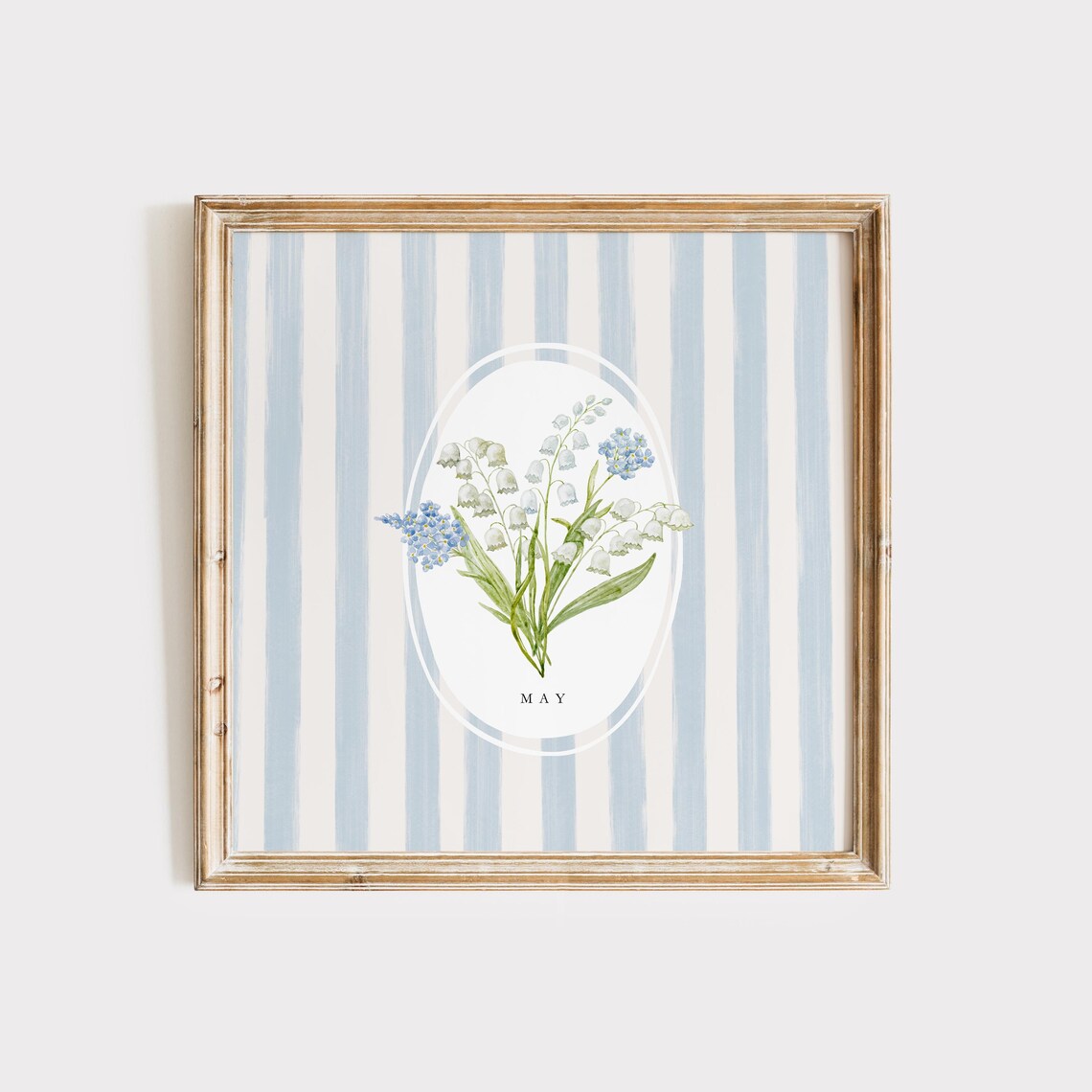 May Lily Of The Valley Birth Flower Botanical Blue Stripe Poster