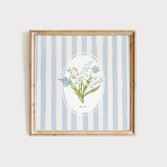 May Lily Of The Valley Birth Flower Botanical Blue Stripe Poster