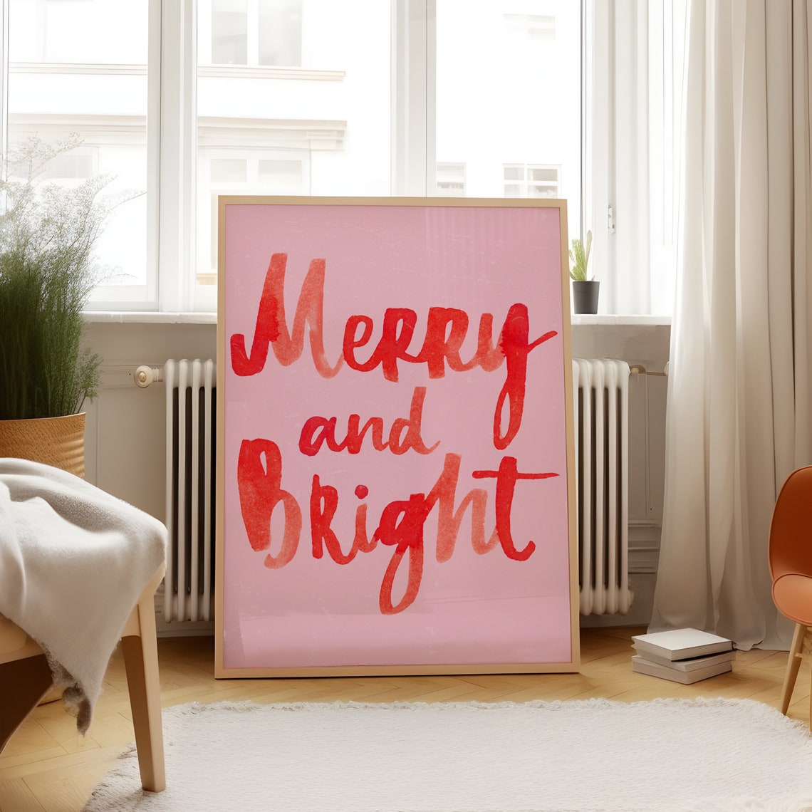 Merry and Bright Red Watercolor Christmas Holiday Script Poster